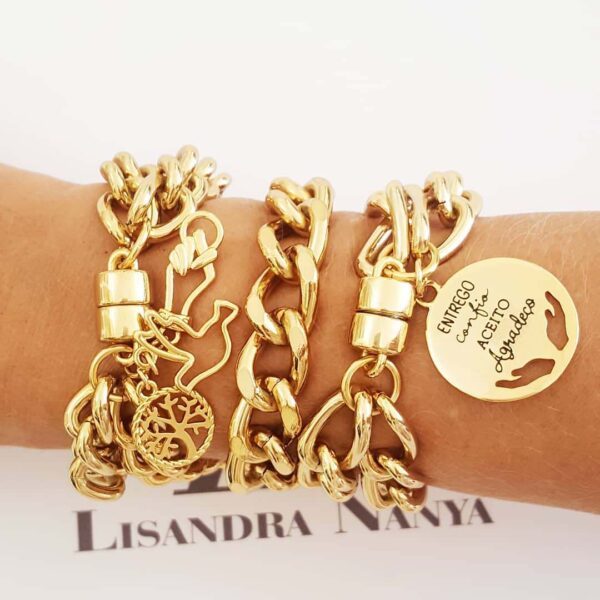 Conjunto 3 Pulseiras Pingentes Banho Ouro Corrente Aço Elo Grosso Fecho Ímã
