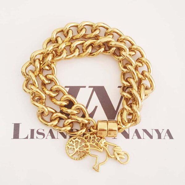 Conjunto 3 Pulseiras Pingentes Banho Ouro Corrente Aço Elo Grosso Fecho Ímã