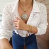 Colar Tibetano Mandala Caquinho Cerâmica Branca Corrente Aço Banho Ouro