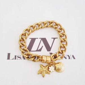 Pulseira Estrela-do-mar Flor Concha Banho Ouro Elo Grumet-117 Corrente Aço Fecho Ímã