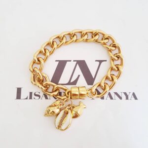 Pulseira Búzio Peixe Caracol Banho Ouro Elo Grumet-117 Corrente Aço Fecho Ímã