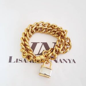 Pulseira Pingente Cadeado Bicolor Elo Grumet-117 Banho Ouro Corrente Aço 