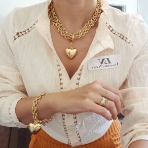 Conjunto Colar Dourado Pingente Coração 40cm + Pulseira 18cm