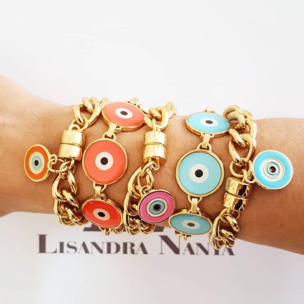 Pulseira Elo Grumet-117 Banho Ouro Pingente Olho Grego Rosa Fecho Ímã
