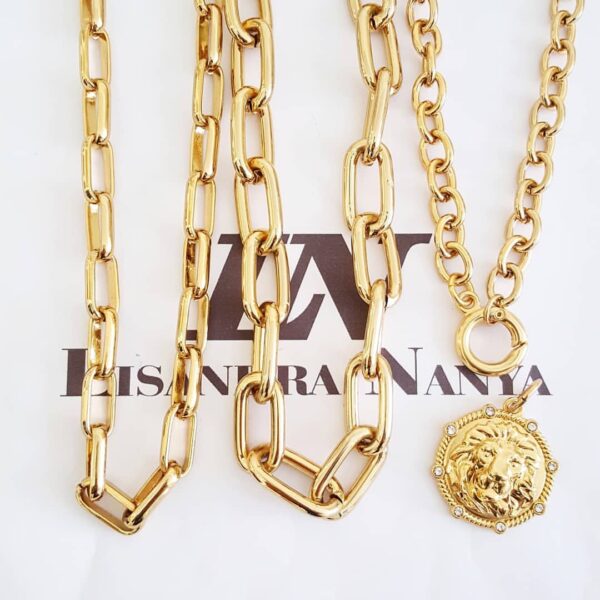 Conjunto 3 Colares Elos Retangulares Pingente Leão Banho Ouro Corrente Aço