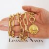 Conjunto 3 Colares Elos Retangulares Pingente Leão Banho Ouro Corrente Aço