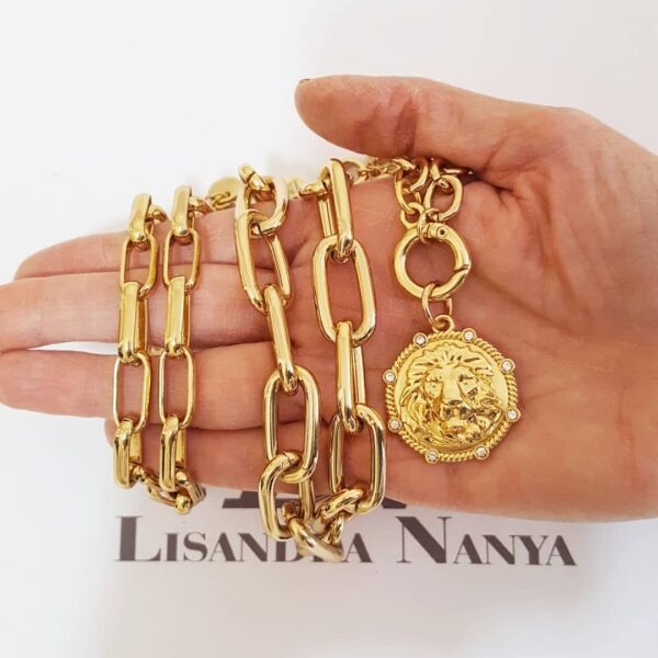 Conjunto 3 Colares Elos Retangulares Pingente Leão Banho Ouro Corrente Aço