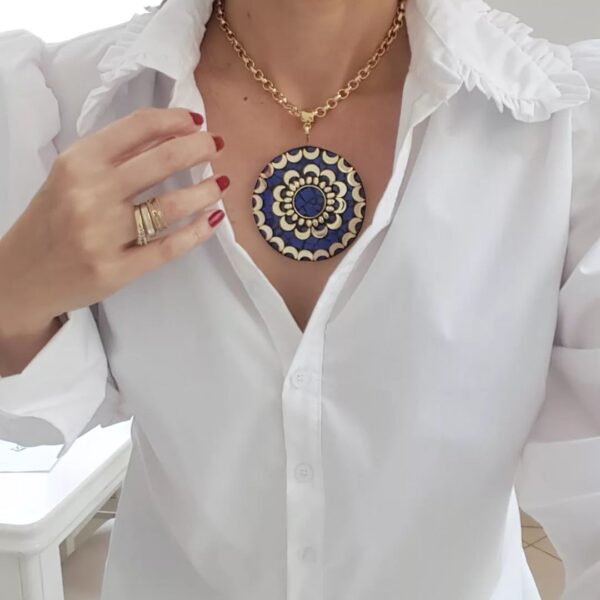Colar Tibetano Caquinho Azul Corrente Aço Elo Português-106 Banho Ouro