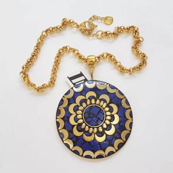 Colar Tibetano Caquinho Azul Corrente Aço Elo Português-106 Banho Ouro