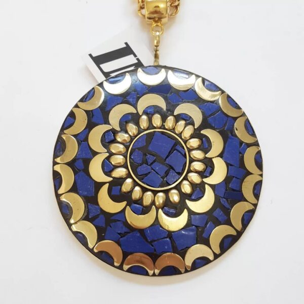Colar Tibetano Caquinho Azul Corrente Aço Elo Português-106 Banho Ouro