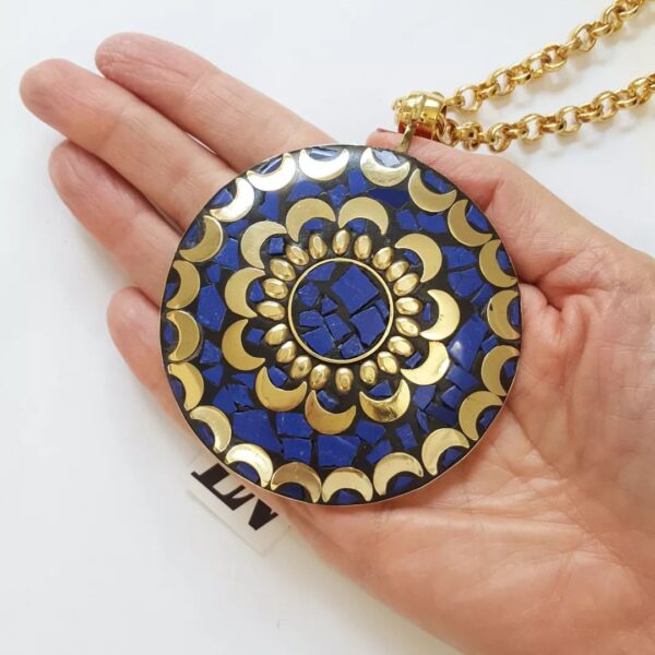 Colar Tibetano Caquinho Azul Corrente Aço Elo Português-106 Banho Ouro