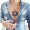 Colar Tibetano Caquinho Azul Corrente Aço Banho Ouro Elo Português-106