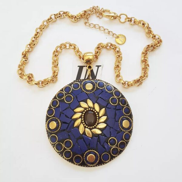 Colar Tibetano Caquinho Azul Corrente Aço Banho Ouro Elo Português-106
