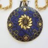 Colar Tibetano Caquinho Azul Corrente Aço Banho Ouro Elo Português-106