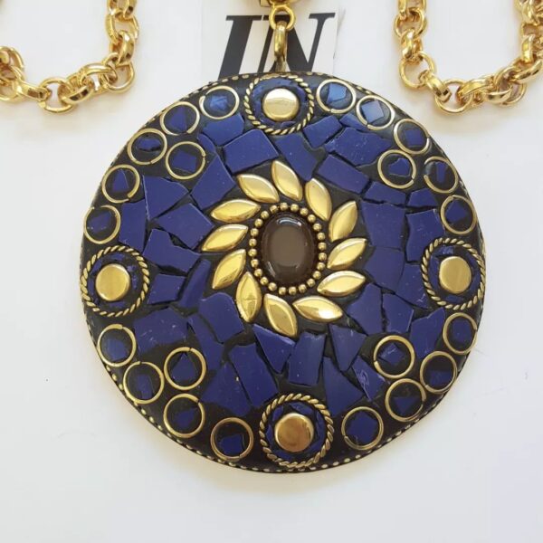 Colar Tibetano Caquinho Azul Corrente Aço Banho Ouro Elo Português-106