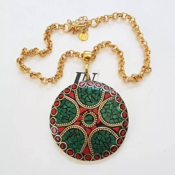 Colar Tibetano Caquinho Verde Vermelho Corrente Aço Banho Ouro Elo Português-106