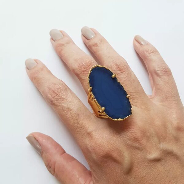 Anel Regulável Pedra Mineral Ágata Azul Marinho Cravejada Banho Ouro