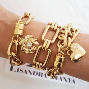Conjunto Dourado 3 pulseiras Corrente Aço Banho Ouro 18cm